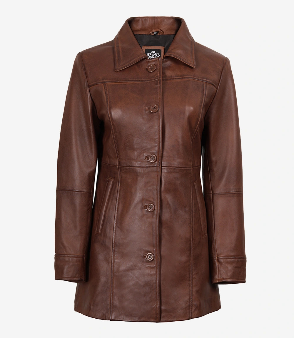 Womens Cognac 3 4 Length Leather Coat