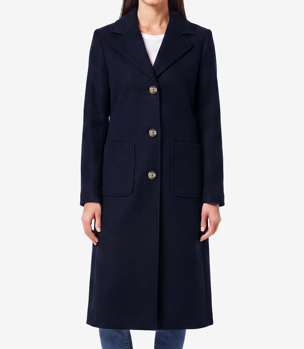 Womens Blue Wool Blend Longline Coat – Single Breasted 3 Button - Blue - view 2