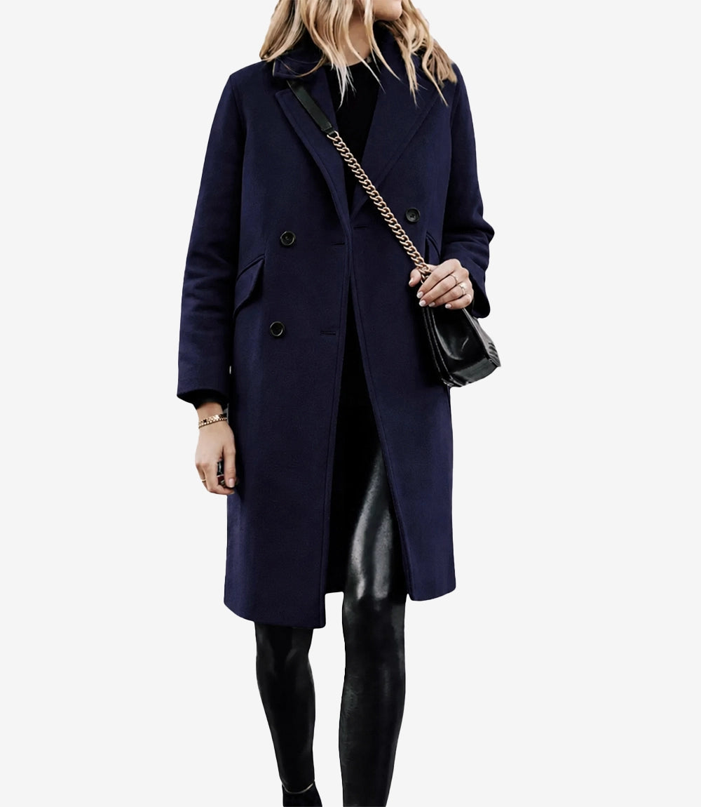 The Classicist: Women's Double-Breasted Wool Coat in Rich Blue - Blue