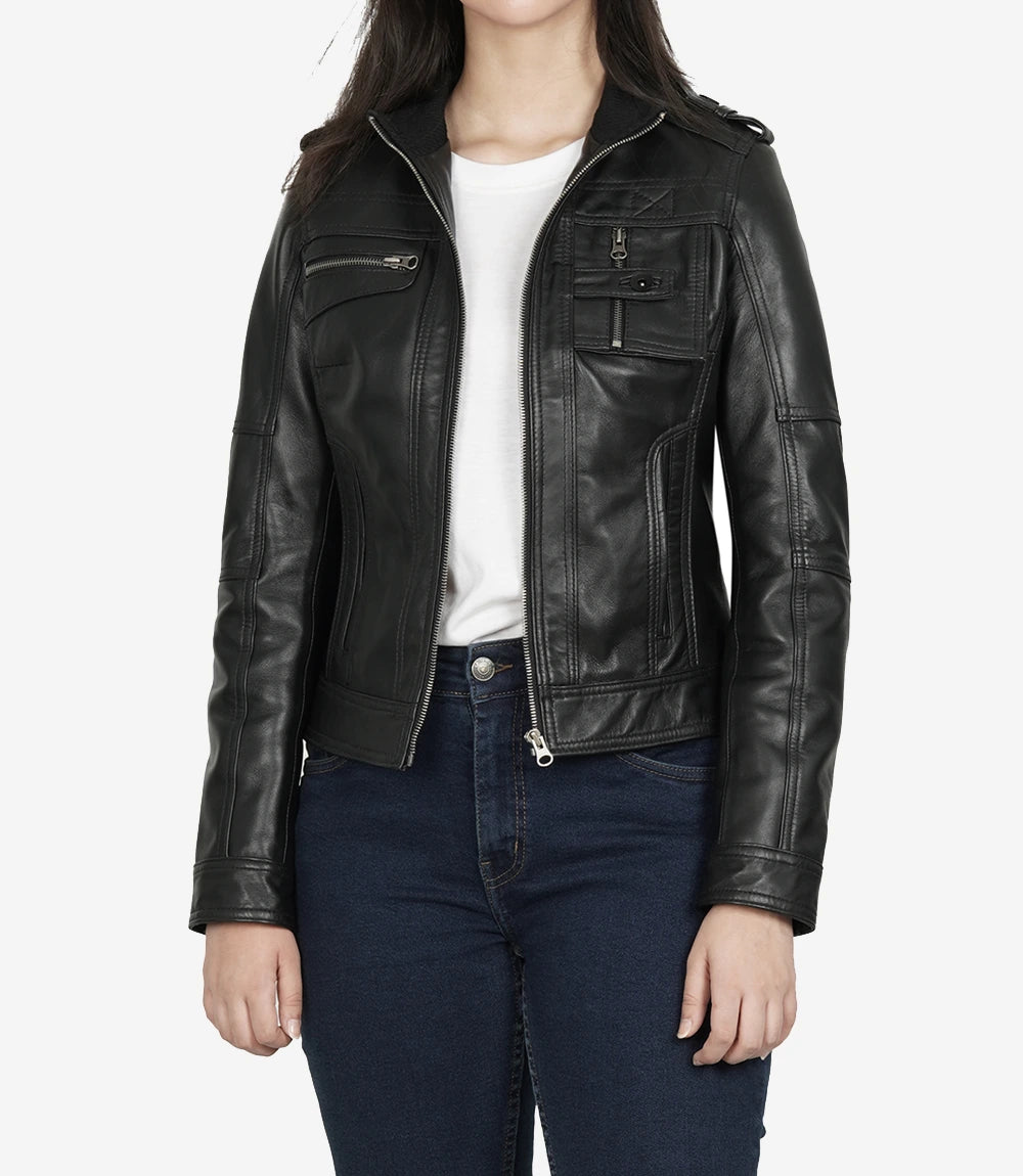 Womens Black Leather Moto Jacket