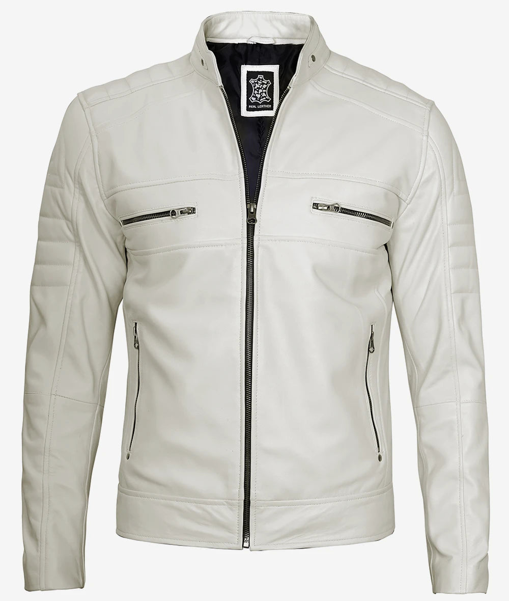 Mens White Cafe Racer Leather Jacket