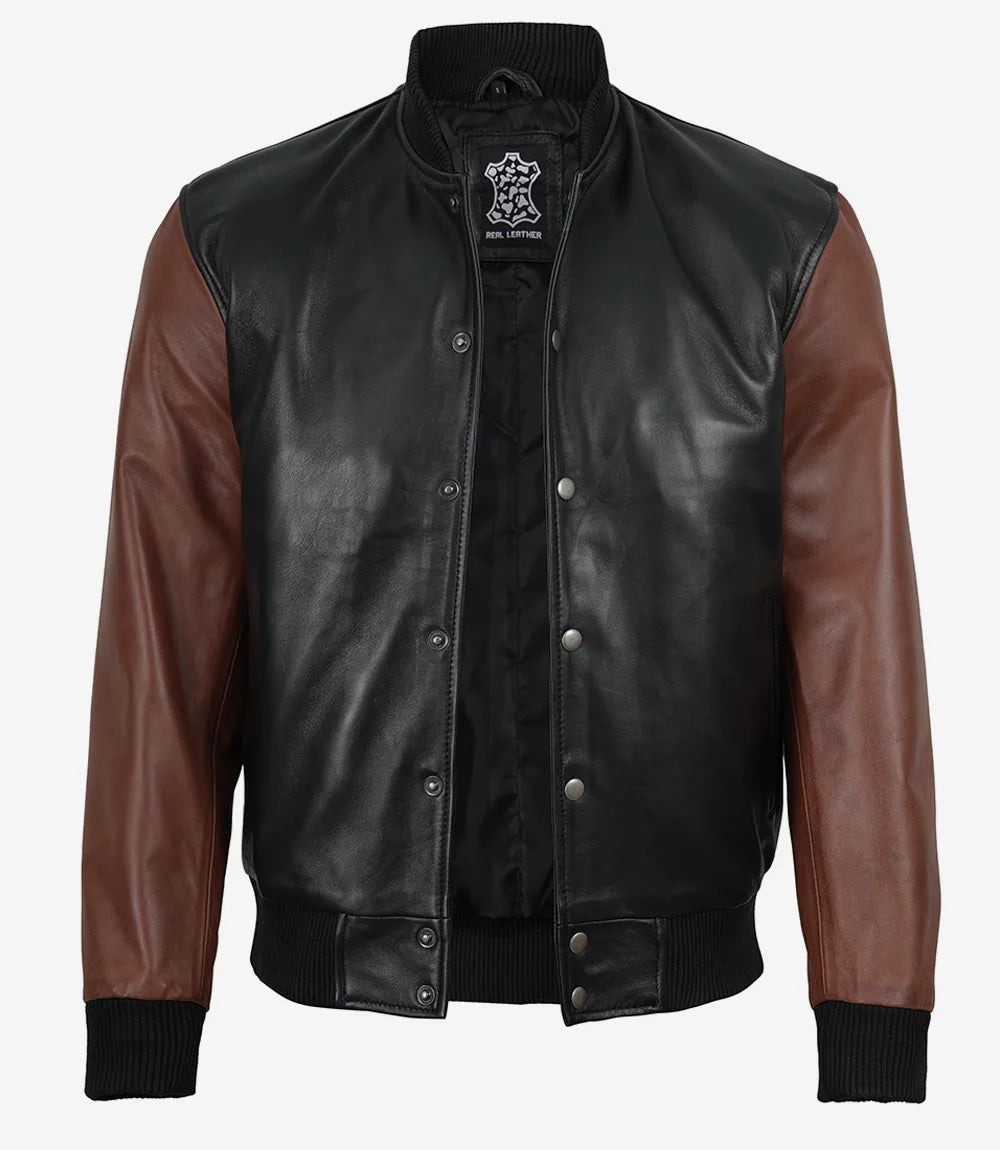 Mens Black and Cognac Bomber Leather Jacket - Letterman Style