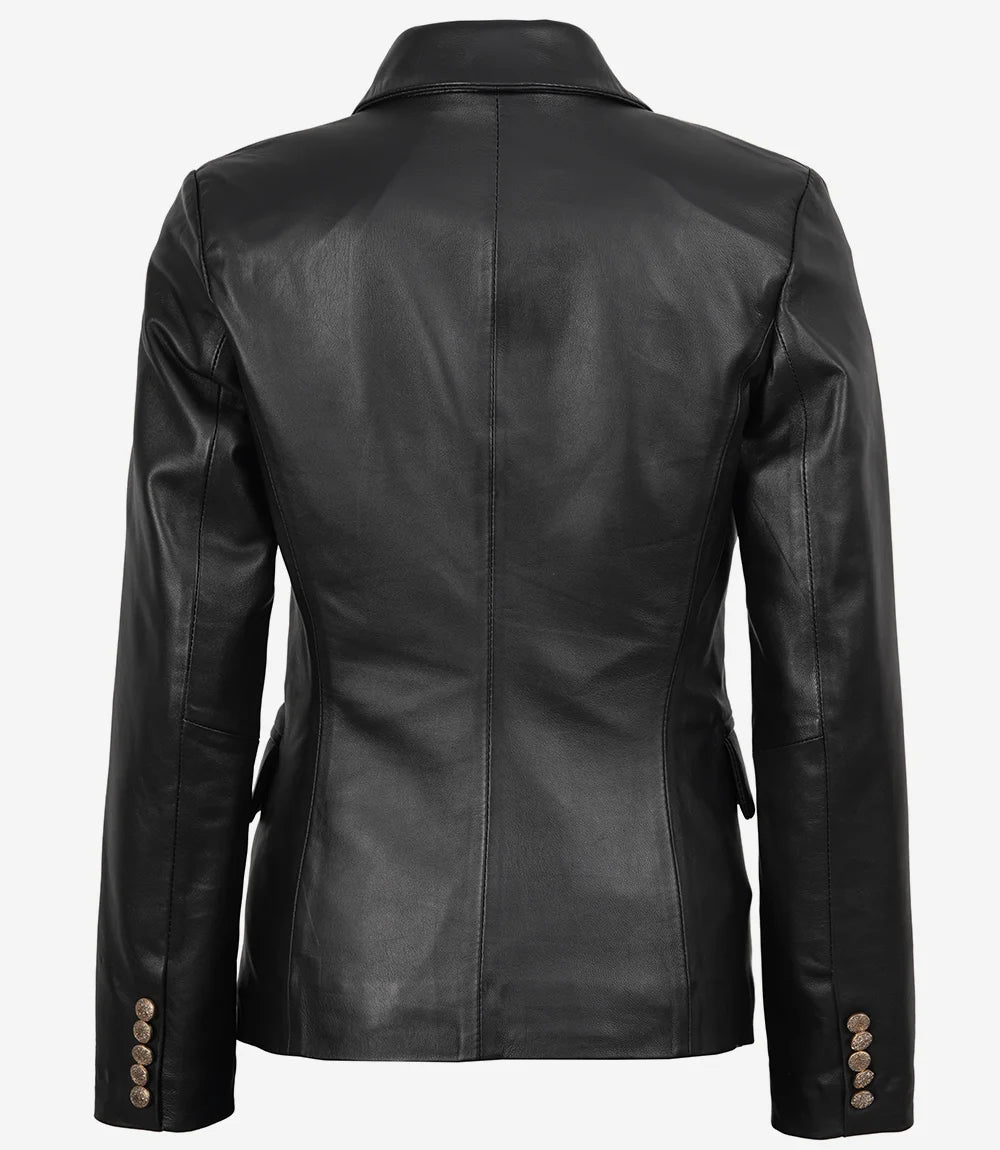 Kim Women's Double Breasted Black Leather Blazer