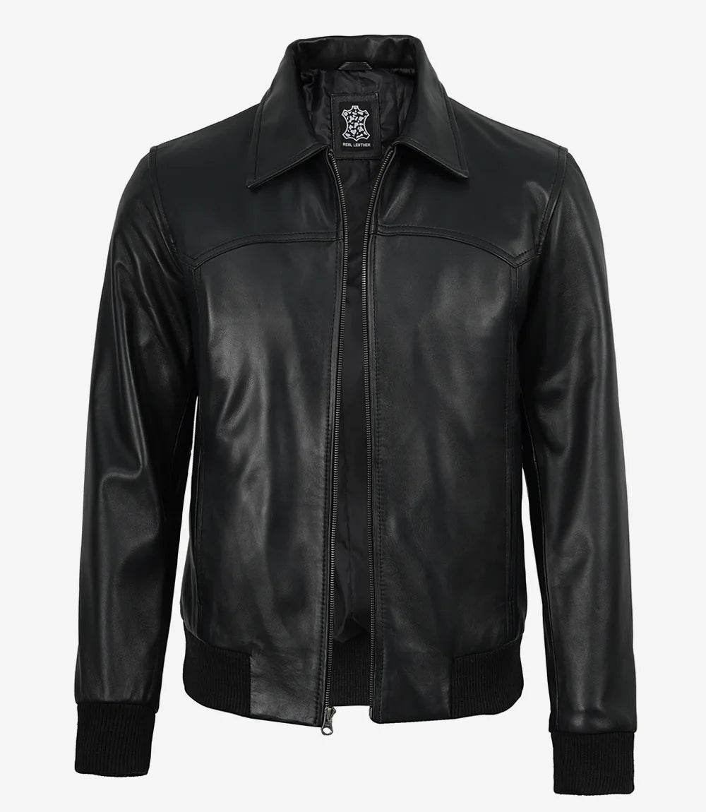 Men’s Premium Black Leather Bomber Jacket – Classic Shirt Collar