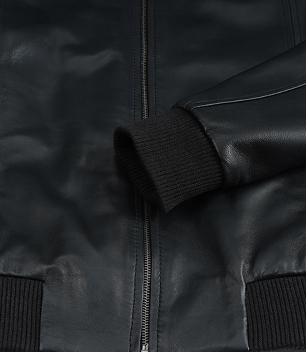 Men’s Premium Black Leather Bomber Jacket – Classic Shirt Collar
