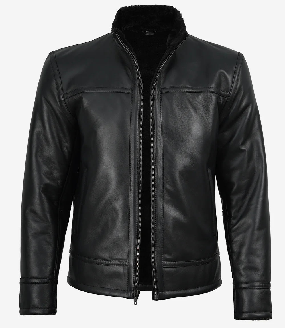 Men’s Black Real Lambskin Leather Jacket with Faux Shearling Lining