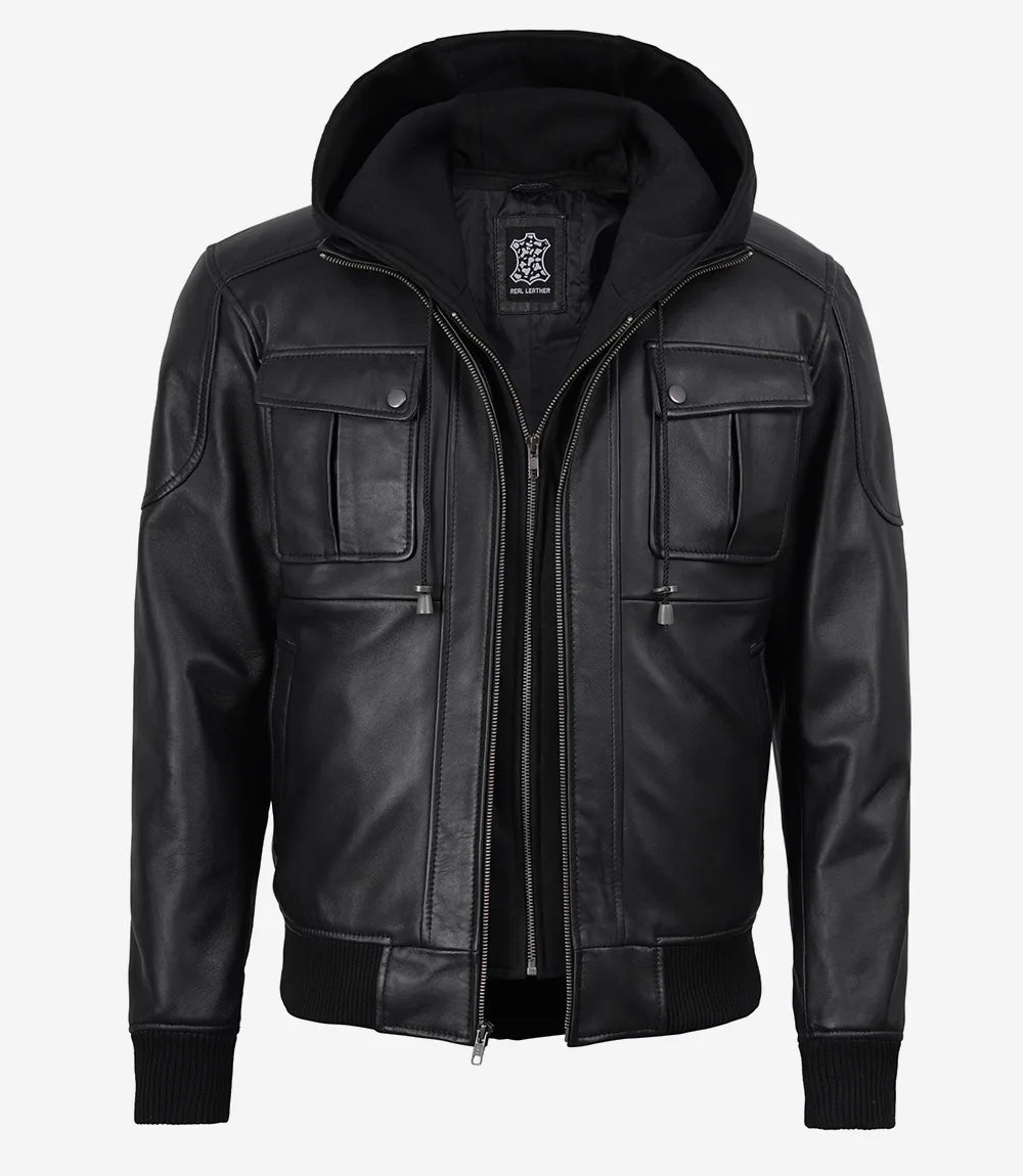 Men's Black Real Leather Bomber Jacket – Detachable Hood