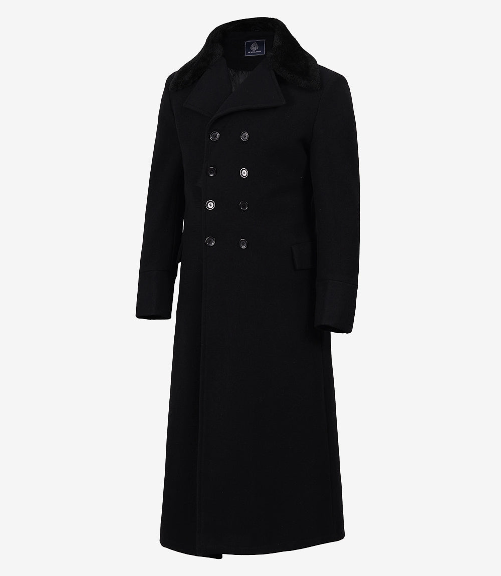 Men's Black Wool Double-Breasted Long Coat