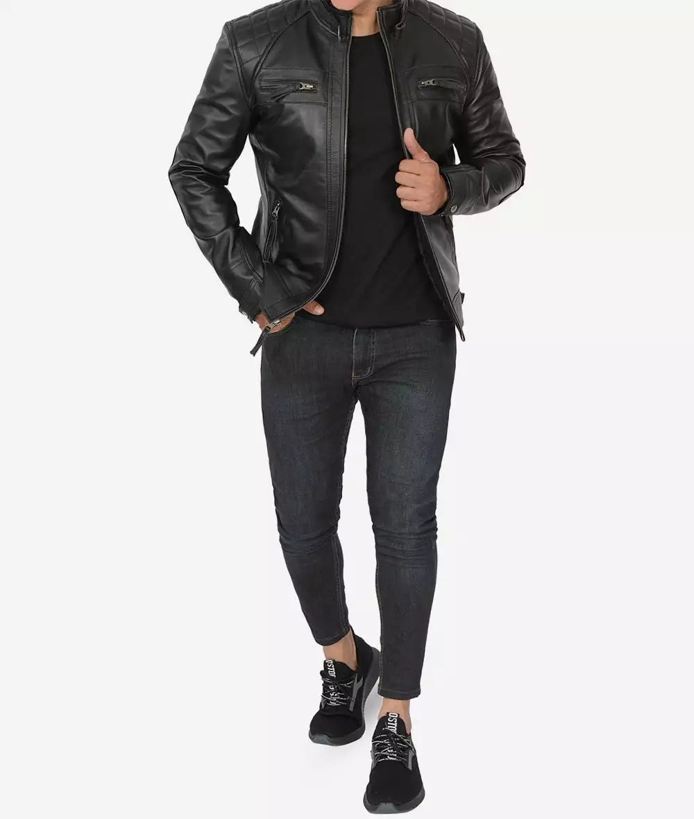 Mens Tall Black Quilted Leather Jacket