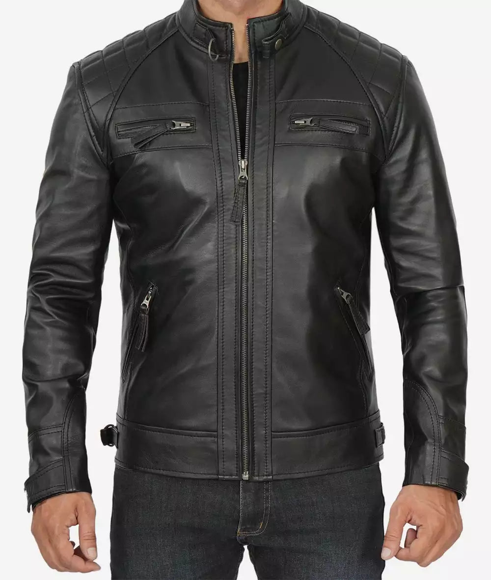 Mens Tall Black Quilted Leather Jacket