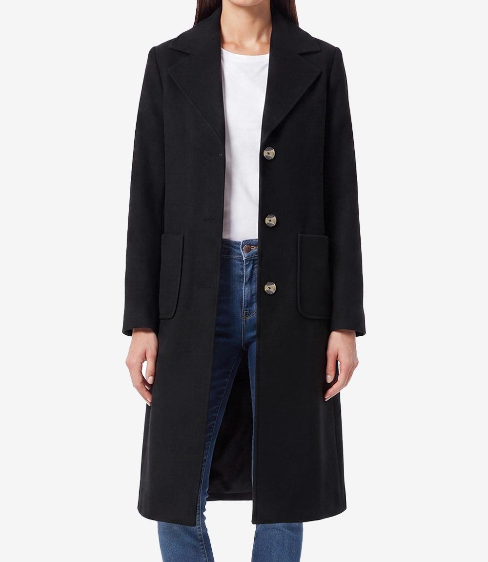 Womens Black Wool Blend Longline Coat – Single Breasted 3 Button - Black