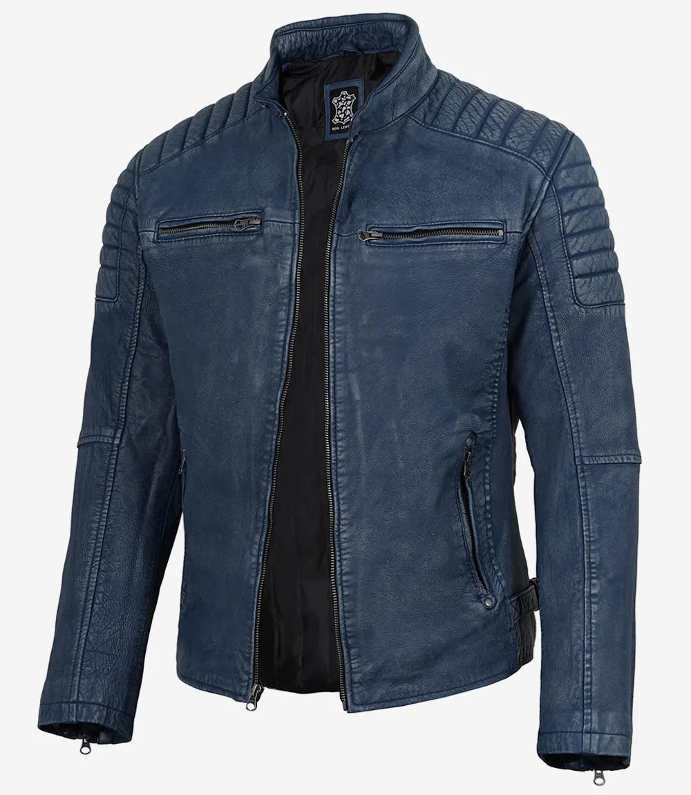Mens Blue Washed Biker Style Leather Jacket