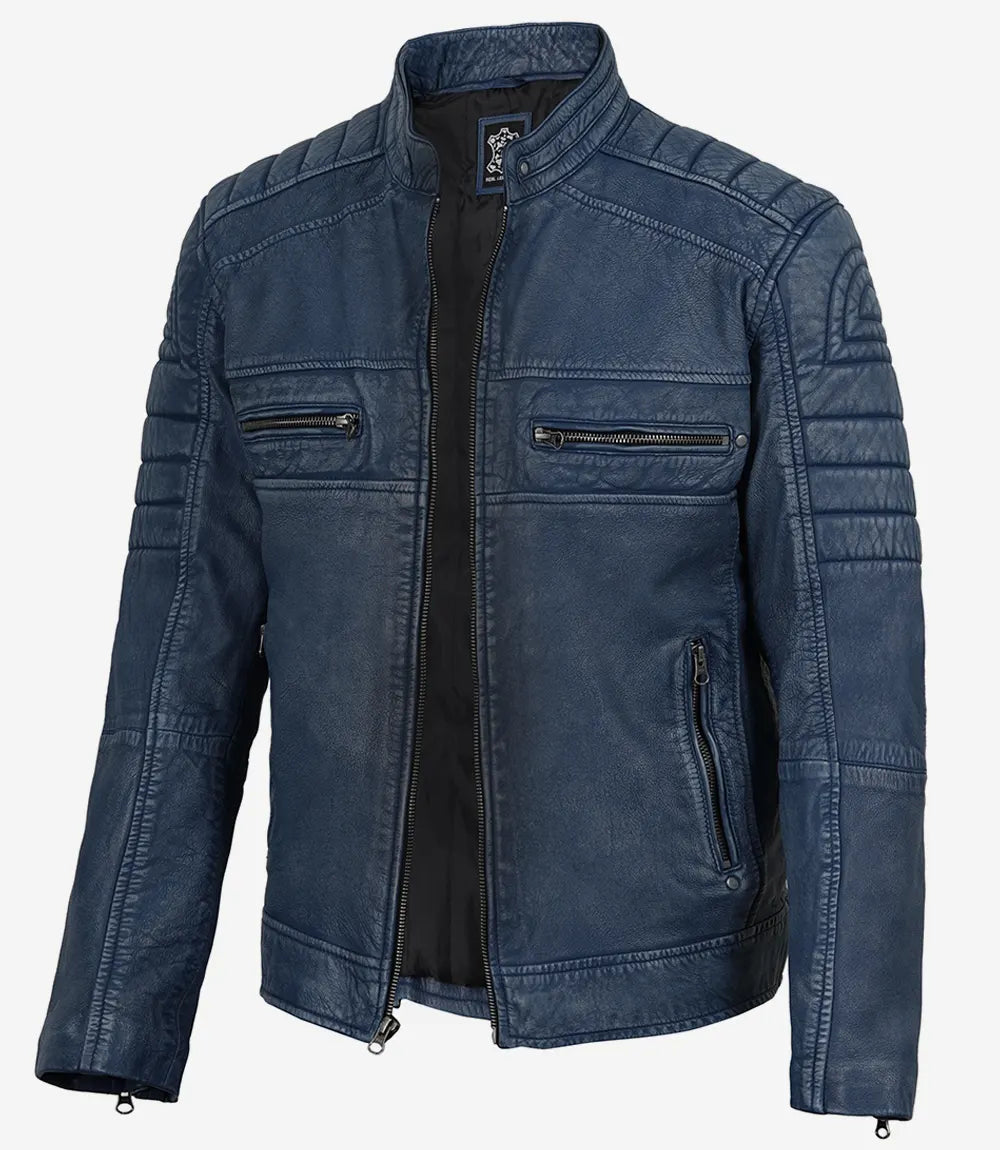 Mens Blue Washed Cafe Racer Leather Jacket