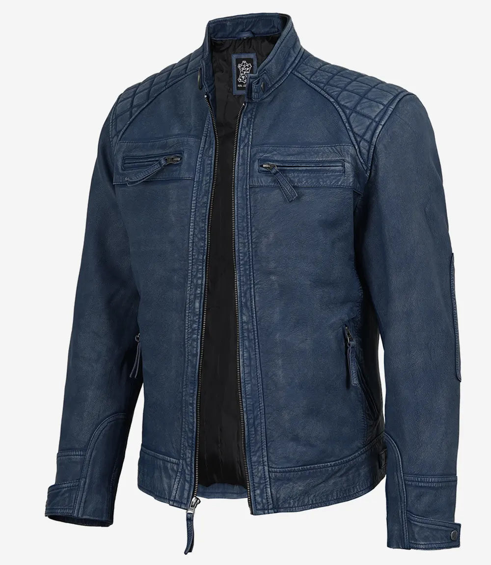 Mens Blue Washed Leather Biker Style Jacket