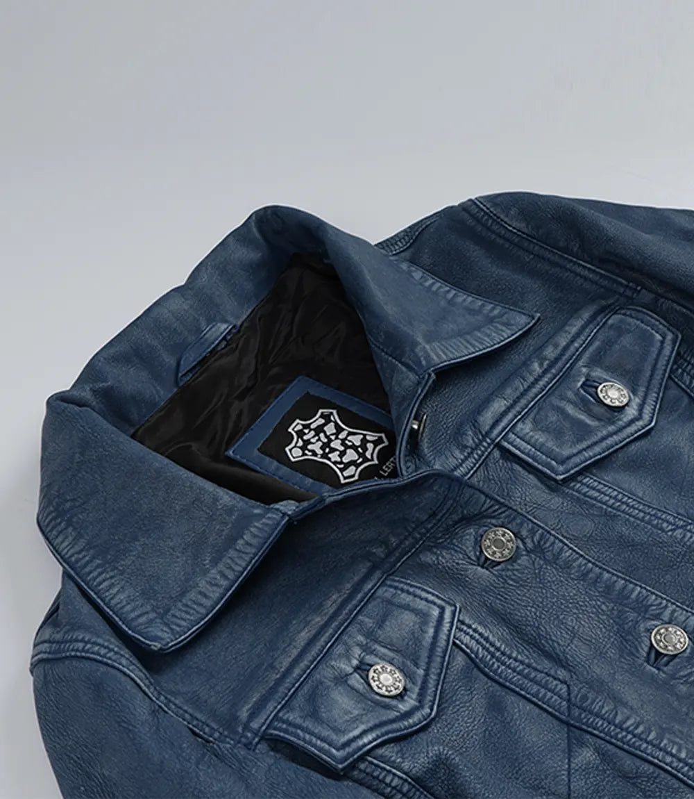 Women's Blue Washed Trucker Leather Jacket
