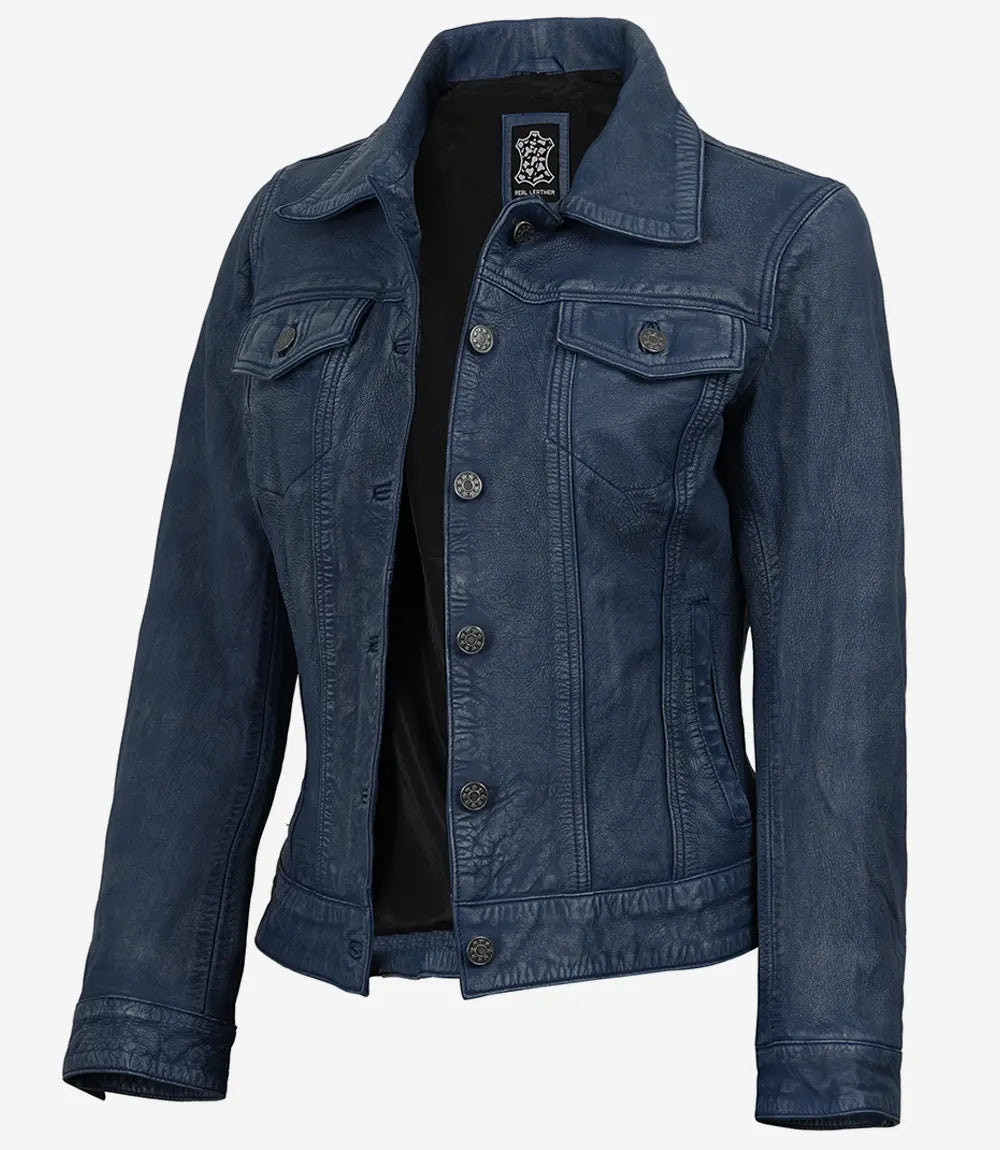 Womens Blue Washed Trucker Leather Jacket