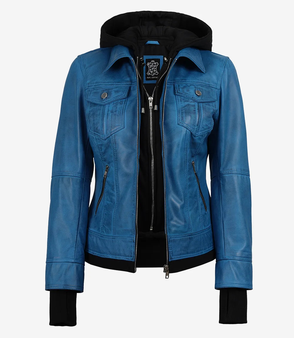 Women’s Blue Waxed Real Leather Jacket with Removable Hood