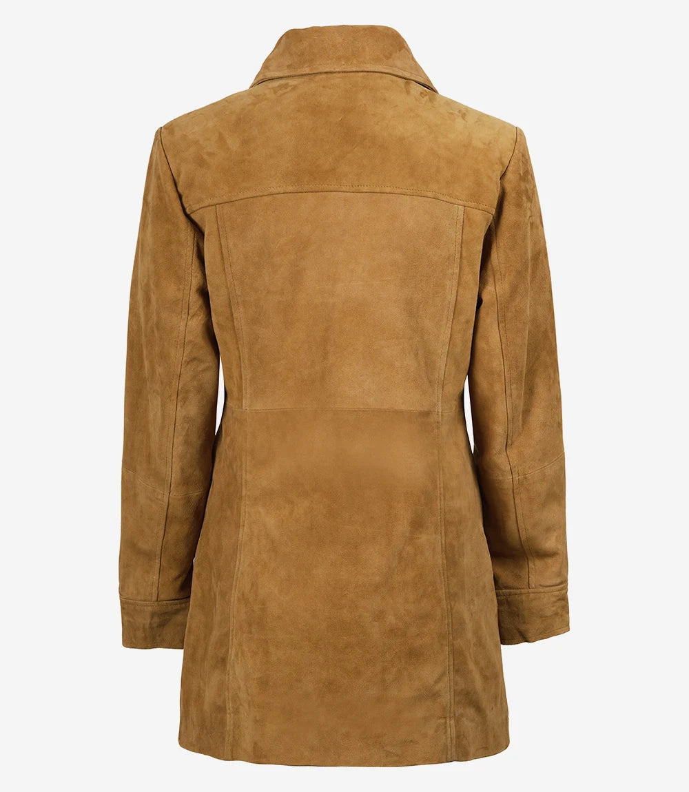 Women's 3/4 Length Button Down Brown Suede Coat