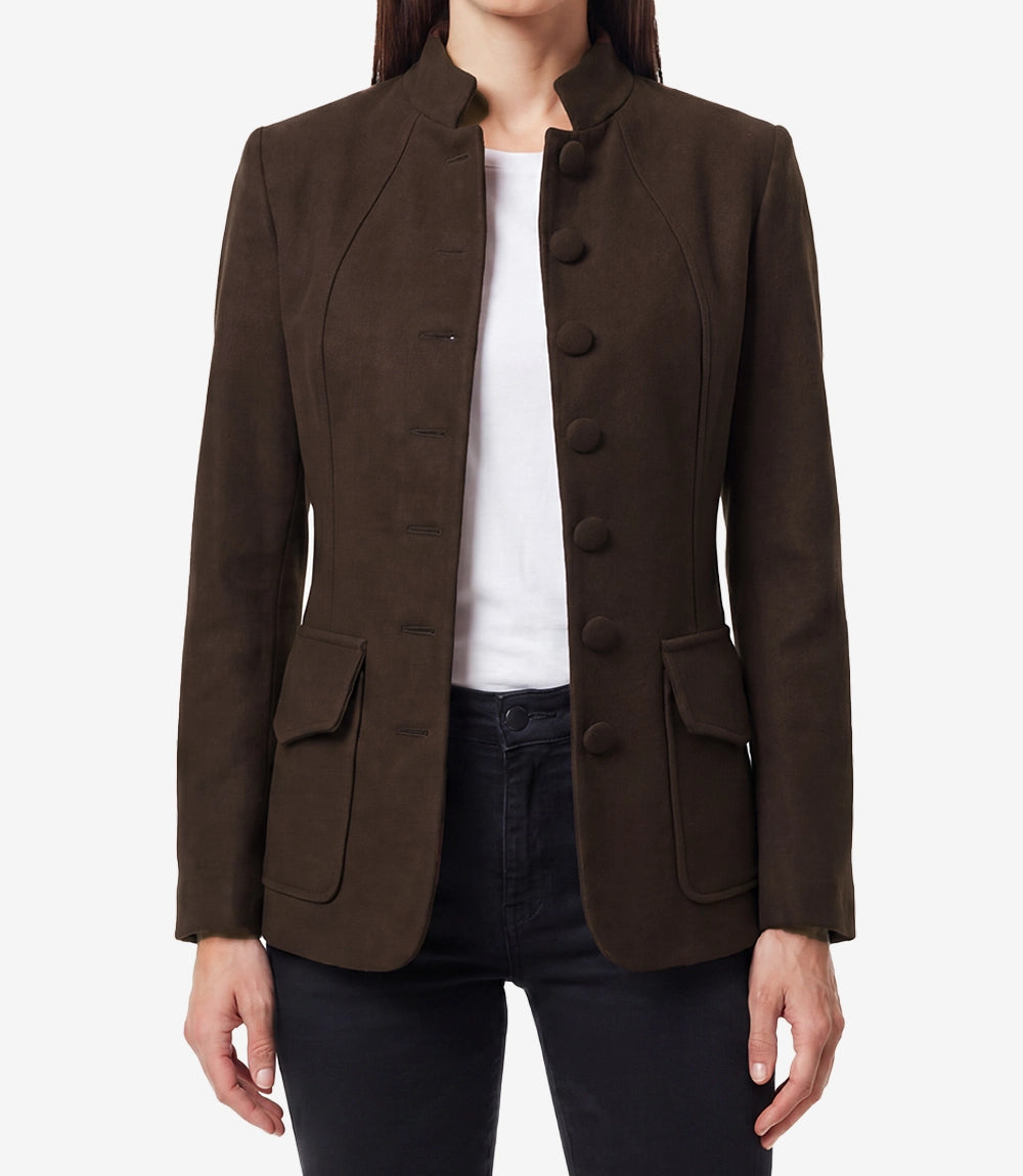 Women's Brown Wool Military Jacket – Mandarin Collar