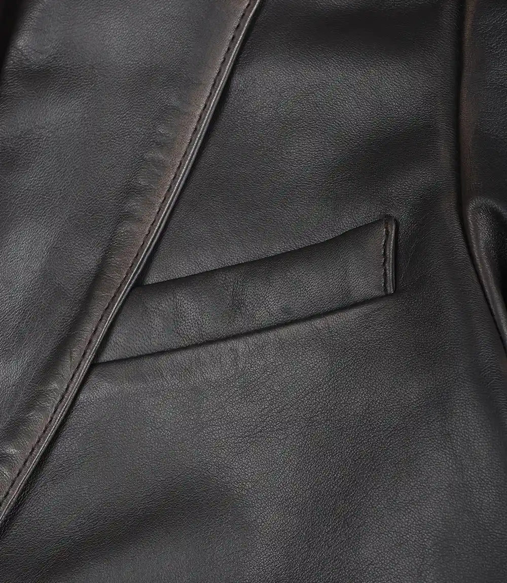 Mens Two Button Notch Lapel Ruboff Brown Leather Blazer Jacket