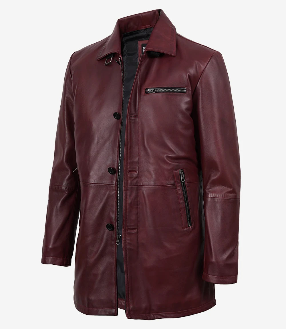 Men's 3/4 Length Burgundy Waxed Leather Coat