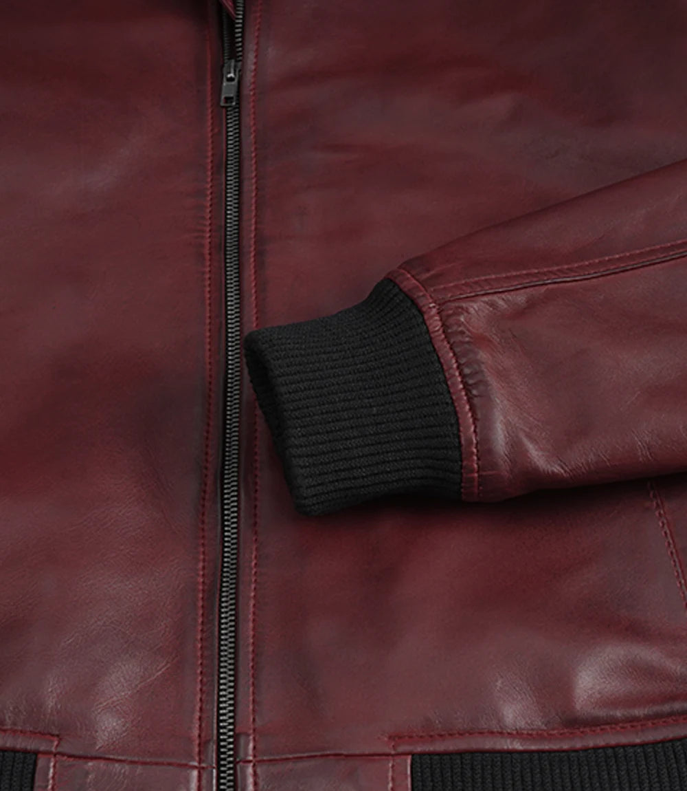 Men’s Burgundy Waxed Leather Flight Bomber Jacket