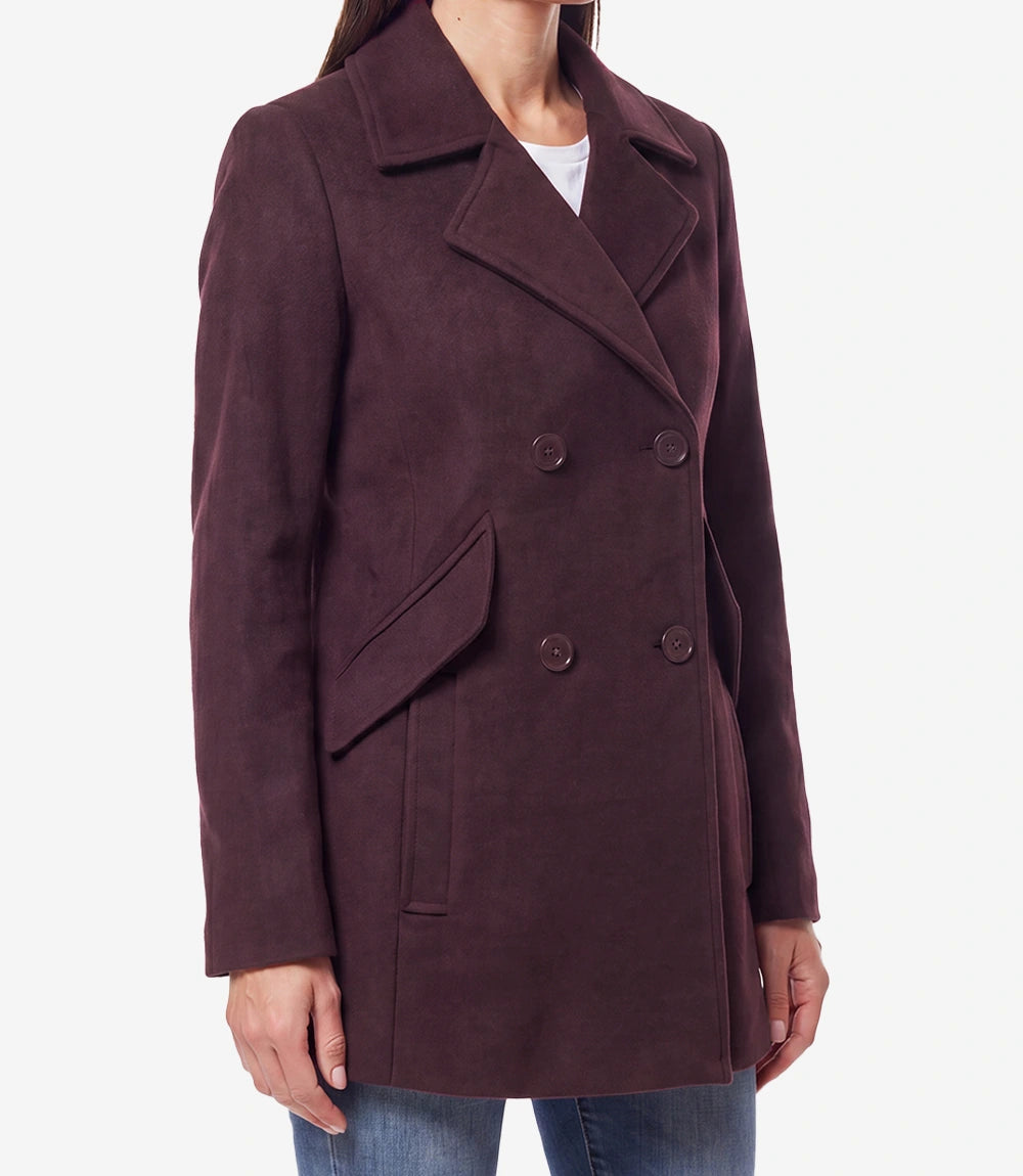 Women's Burgundy Wool Peacoat – Double-Breasted