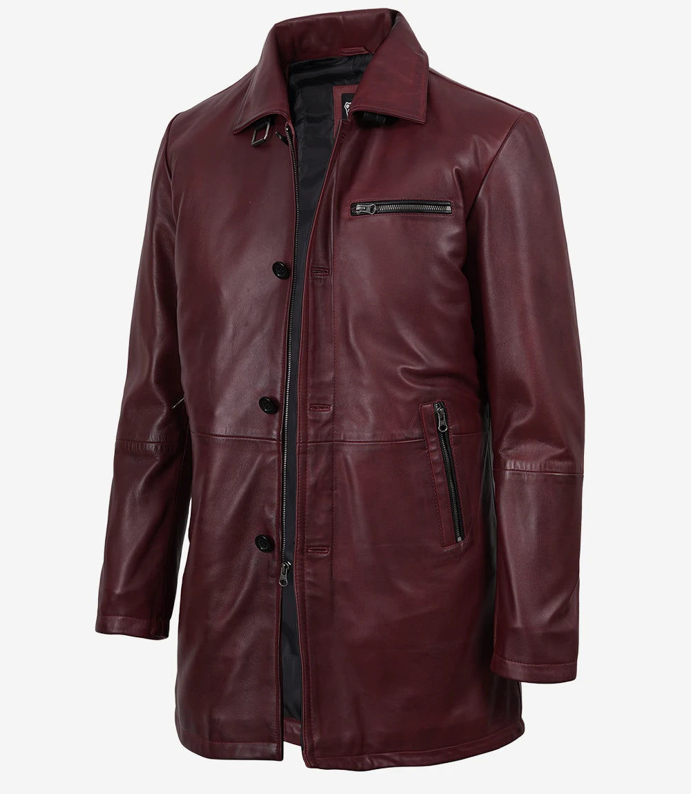 Men's 3/4 Length Burgundy Waxed Leather Coat