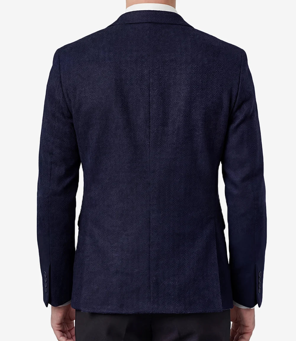 Mens Navy Blue Herringbone Wool Blend Blazer Jacket