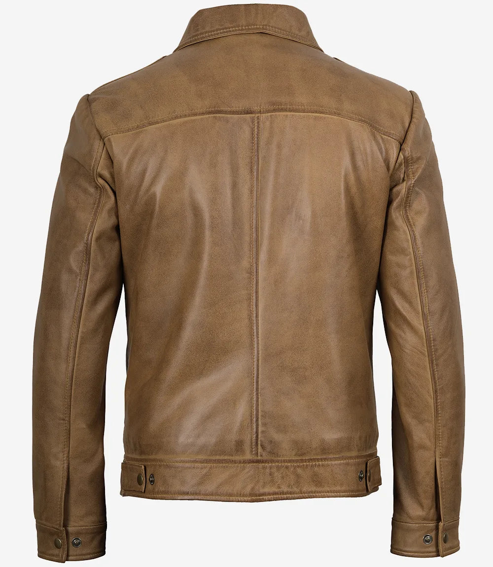 Mens Shirt Collar Yellow Waxed Leather Jacket