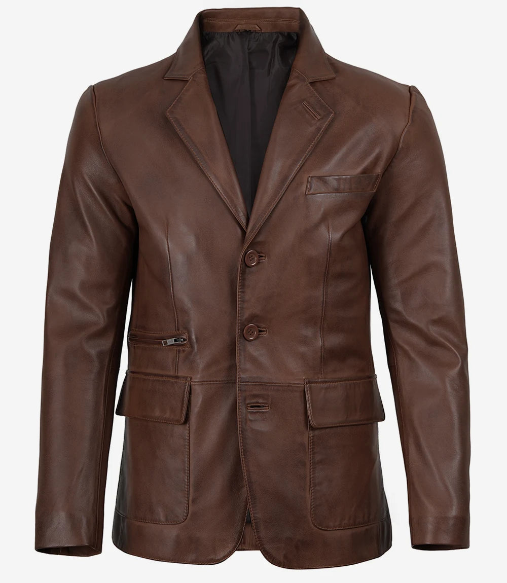 Mens Three Button Cognac Waxed Leather Blazer - Notch Lapel