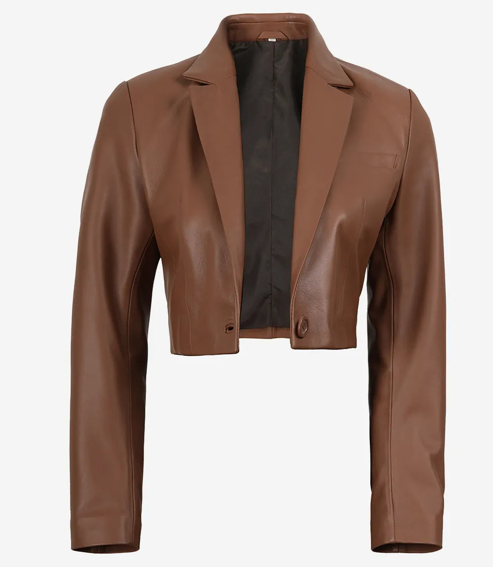 Women's Cognac Leather Single Button Cropped Blazer