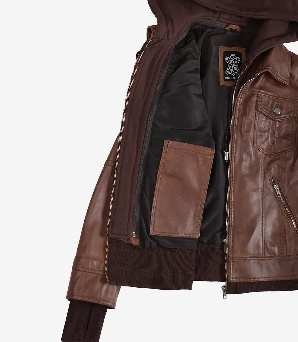 Tralee Women's Cognac Wax Bomber Leather Jacket With Removable Hood
