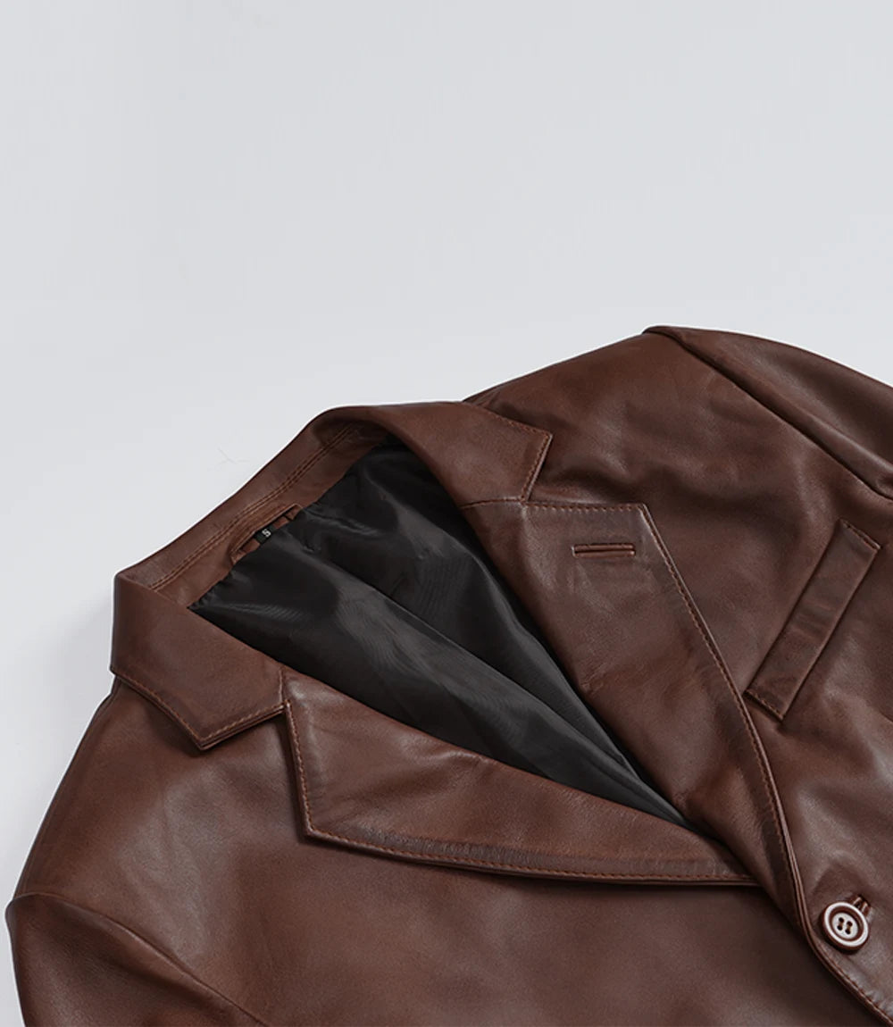 Mens Three Button Cognac Waxed Leather Blazer - Notch Lapel