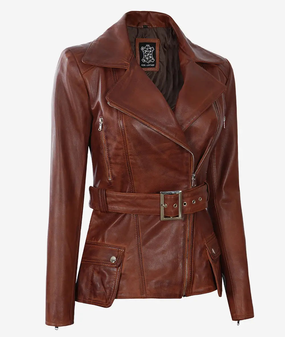 Womens Asymmetrical Cognac Leather Jacket
