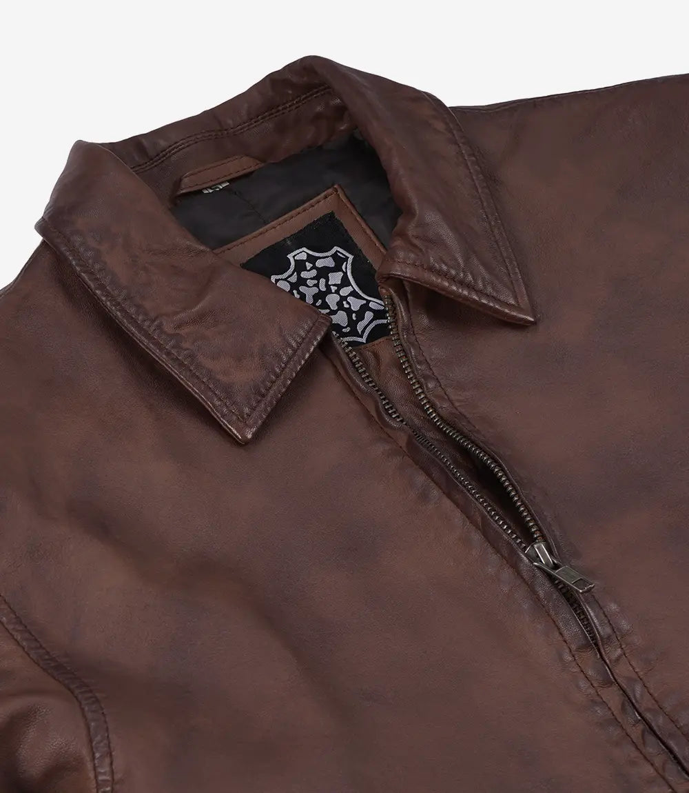 Men's Washed Cognac Waxed Leather Harrington Jacket - Washed Cognac - view 6
