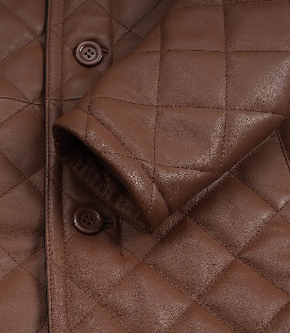 Men's Cognac Diamond Quilted Leather Car Coat With Black Detailing