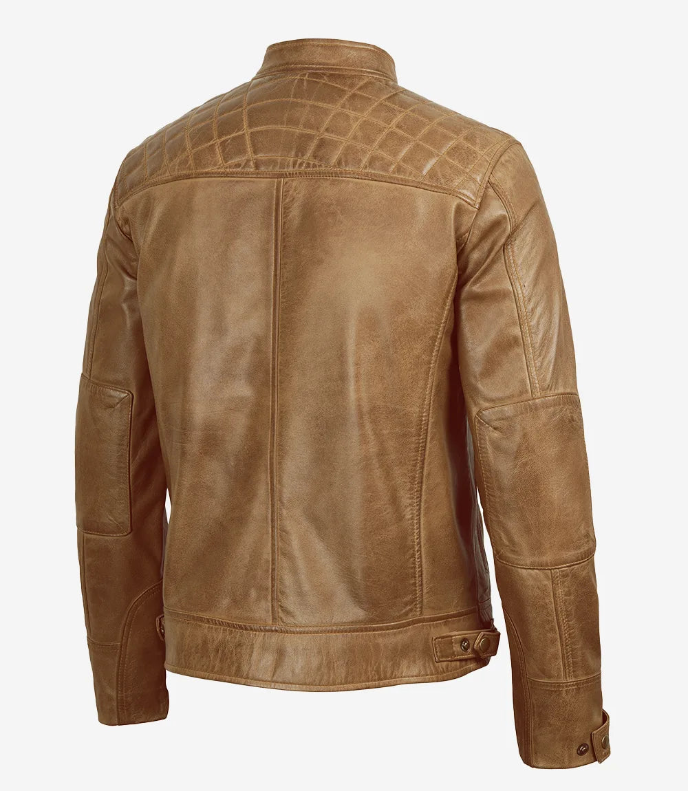 Men's Quilted Shoulder Camel Brown Biker Style Leather Jacket