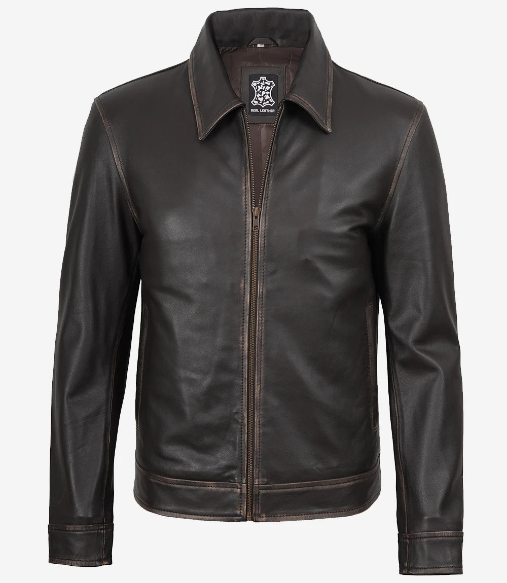 Mike Men's Dark Brown Rub Off Leather Jacket