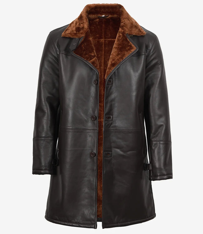 Mens 3/4 Length Dark Brown Leather Shearling Coat