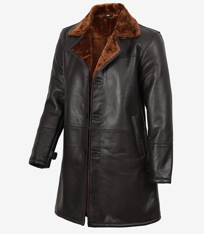 Mens 3/4 Length Dark Brown Leather Shearling Coat
