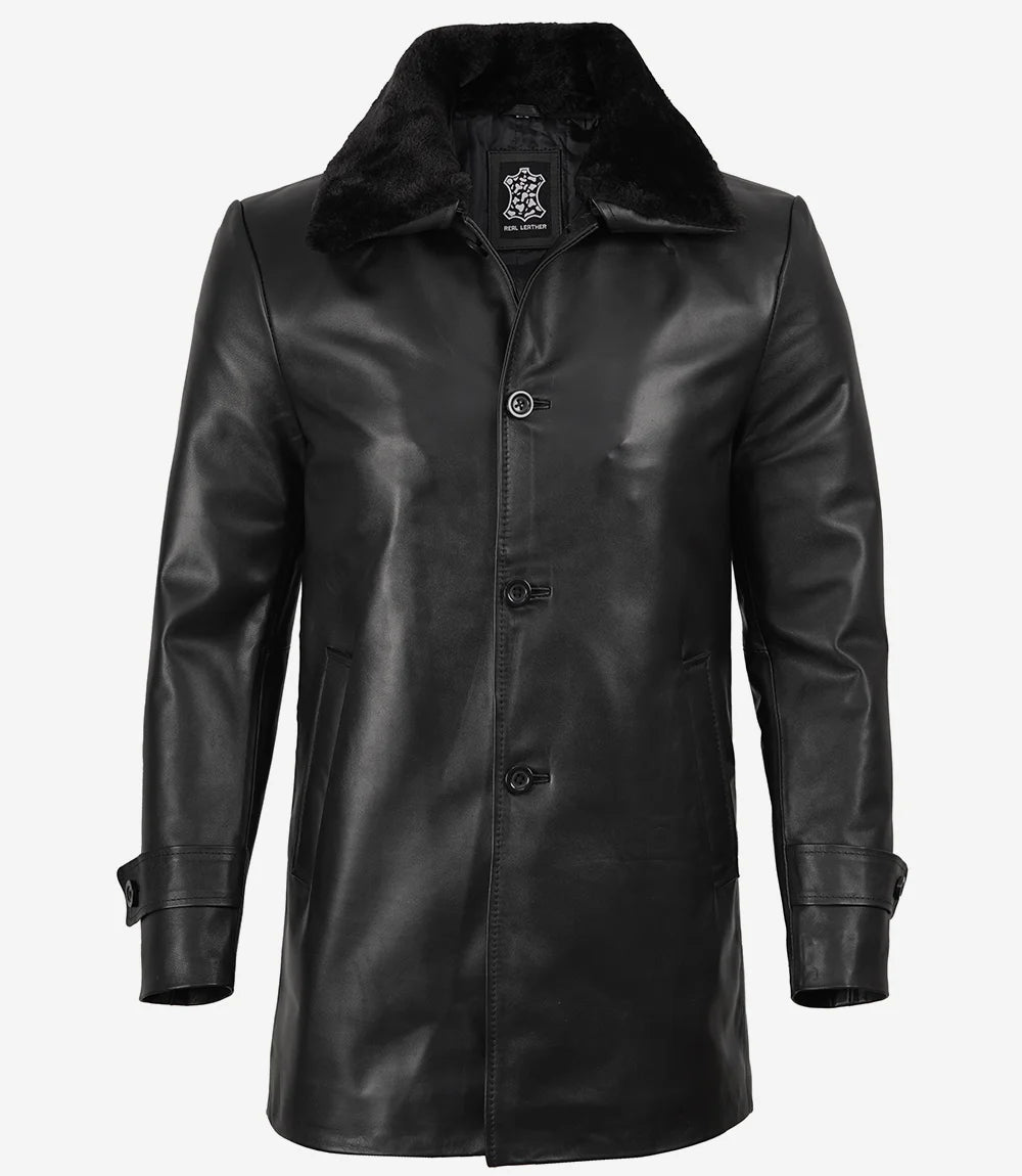 Men's Black Leather 3/4 Length Coat with Fur Collar