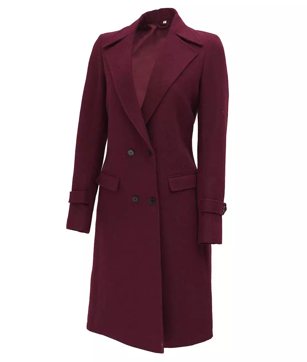 Womens Double Breasted Wool Coat Maroon
