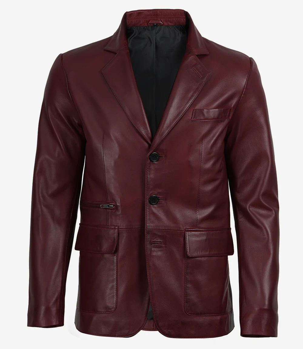 Eliseo Men's Burgundy Lambskin Leather Blazer - Three Button Style