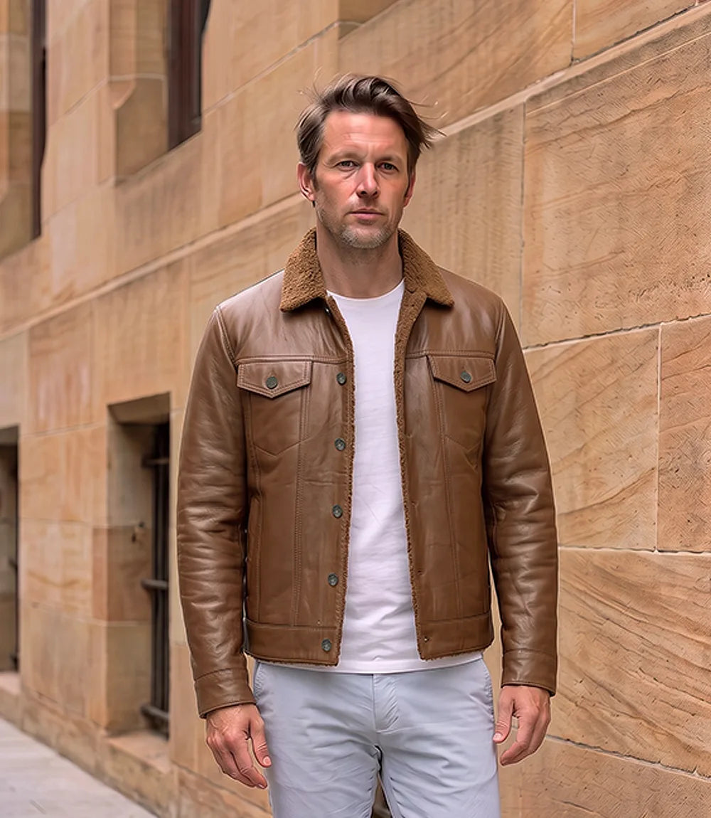 Men's Cognac Brown Real Lambskin Leather Trucker Jacket – Sherpa Lined