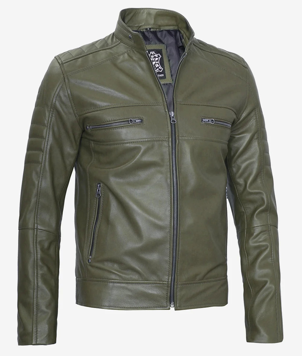 Mens Green Cafe Racer Leather Jacket