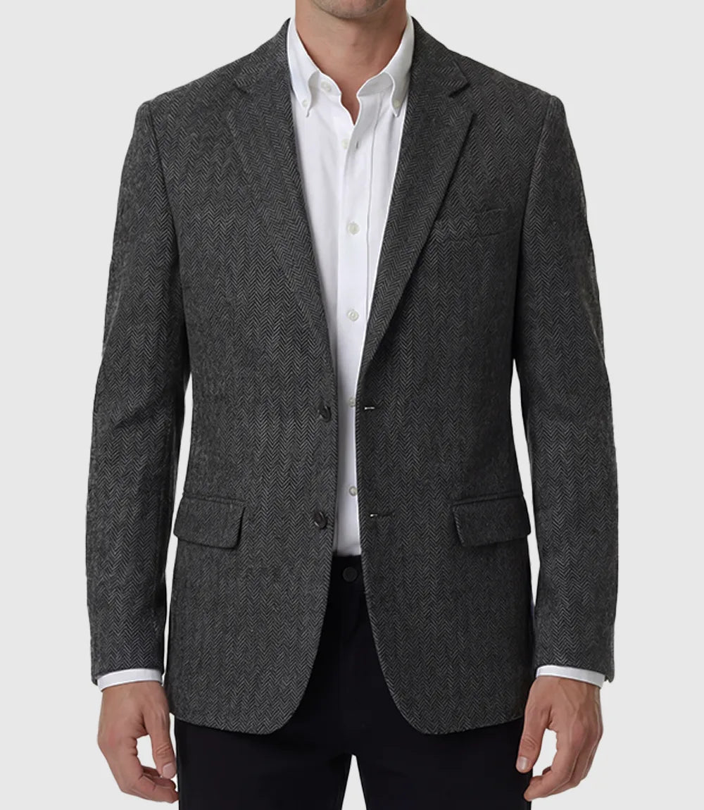 Mens Wool Blend Grey Herringbone Blazer