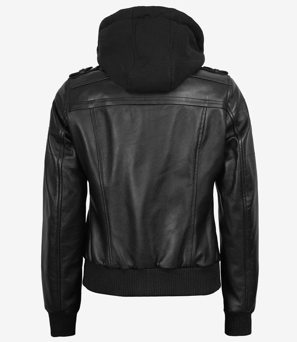Women's Black Leather Bomber Jacket with Removable Hood
