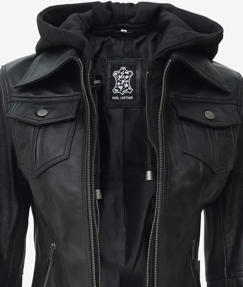 The Celeste: Womens Black Bomber Leather Jacket with Removable Hood