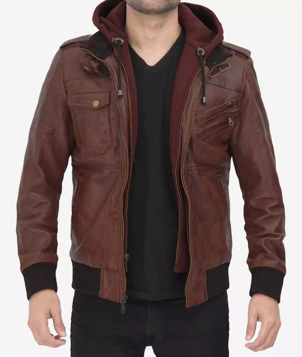 Mens Tall Dark Brown Bomber Leather Jacket with Removable Hood